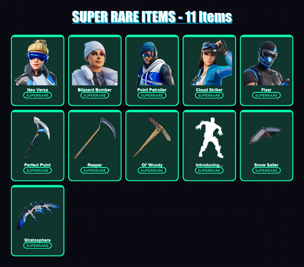 [PC] | Neo Versa | Blizzard Bomber | Point Patroller | Cloud Striker | Fixer | 104 skin | 126 pickaxe | 86 emote | 89 glider | Lv1210