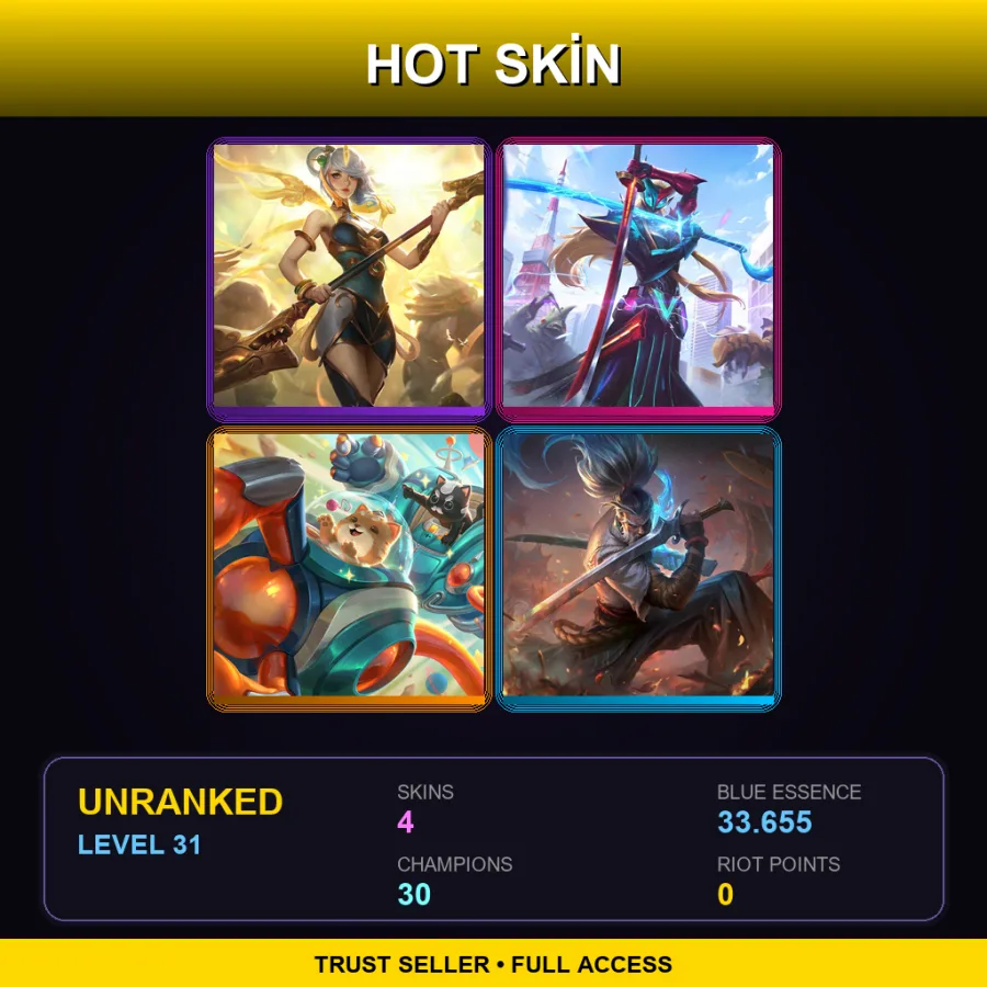 EUW | Lv31 | Unranked | 4 Skin | 30 Champ — LoL account