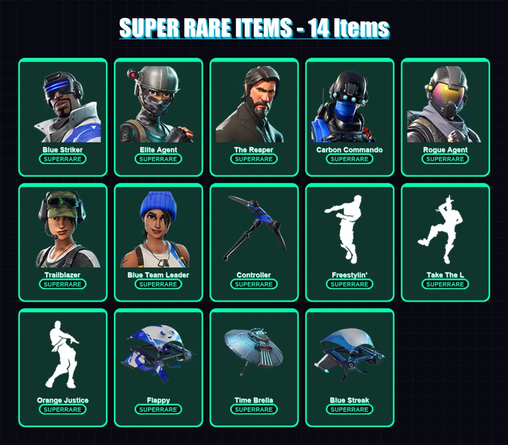 [PC/XBOX/PSN] | Blue Striker | Elite Agent | The Reaper | Carbon Commando | Rogue Agent | 25 skin | 17 pickaxe | 25 emote | 22 glider | Lv323