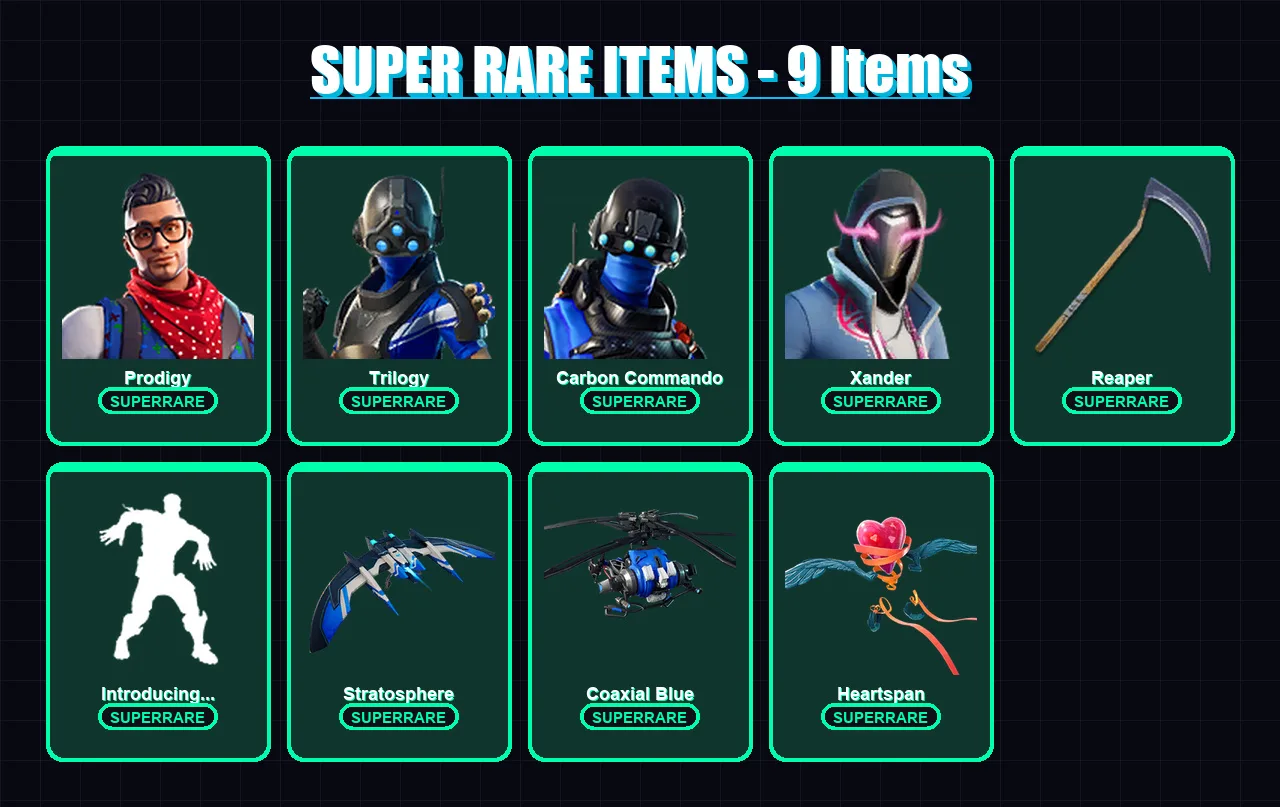 [PS4/PS5/XBOX/PC] | Prodigy | Trilogy | Carbon Commando | Xander | Blaze | 88 skin | 104 pickaxe | 87 emote | 95 glider | Lv1434
