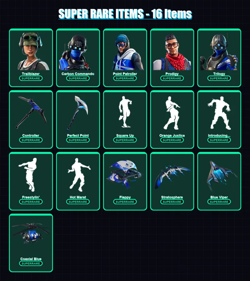 [PC/XBOX] | Trailblazer | Carbon Commando | Point Patroller | Prodigy | Trilogy | 95 skin | 144 pickaxe | 106 emote | 132 glider | Lv2344
