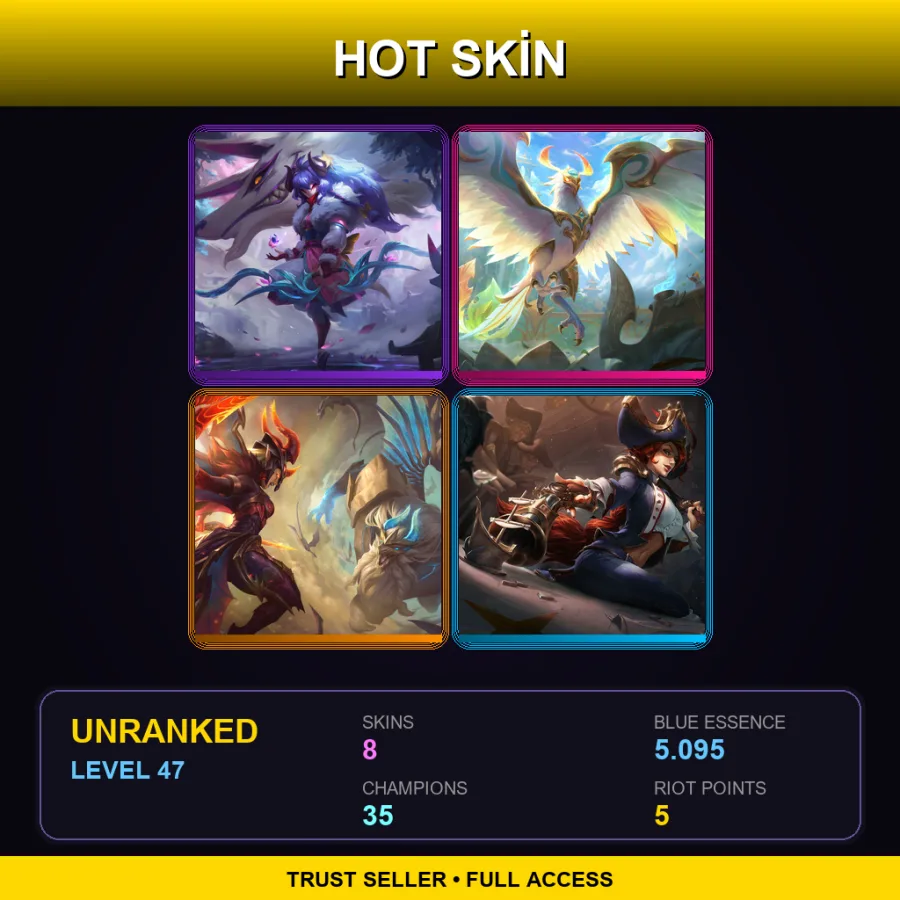 LAN | Spirit Blossom Kindred | Divine Phoenix Anivia | Dragon Guardian Galio | Waterloo Miss Fortune | 8 Skin | 35 Champ | Lv47