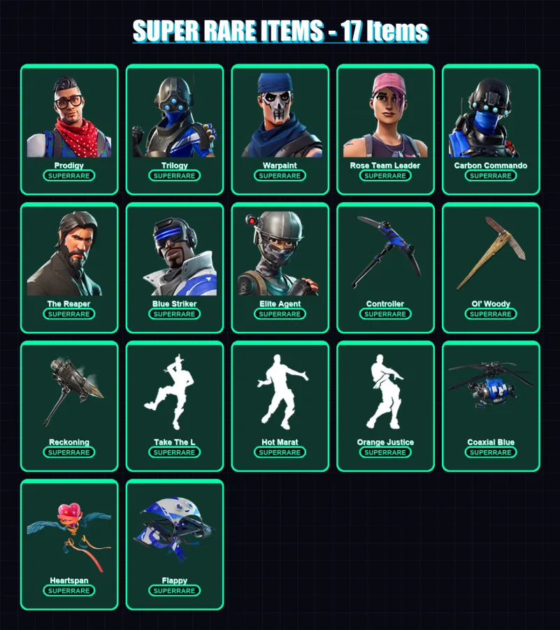 [PS4/PS5/XBOX/PC] | Prodigy | Trilogy | Warpaint | Rose Team Leader | Carbon Commando | 103 skin | 69 pickaxe | 90 emote | 81 glider | Lv1082