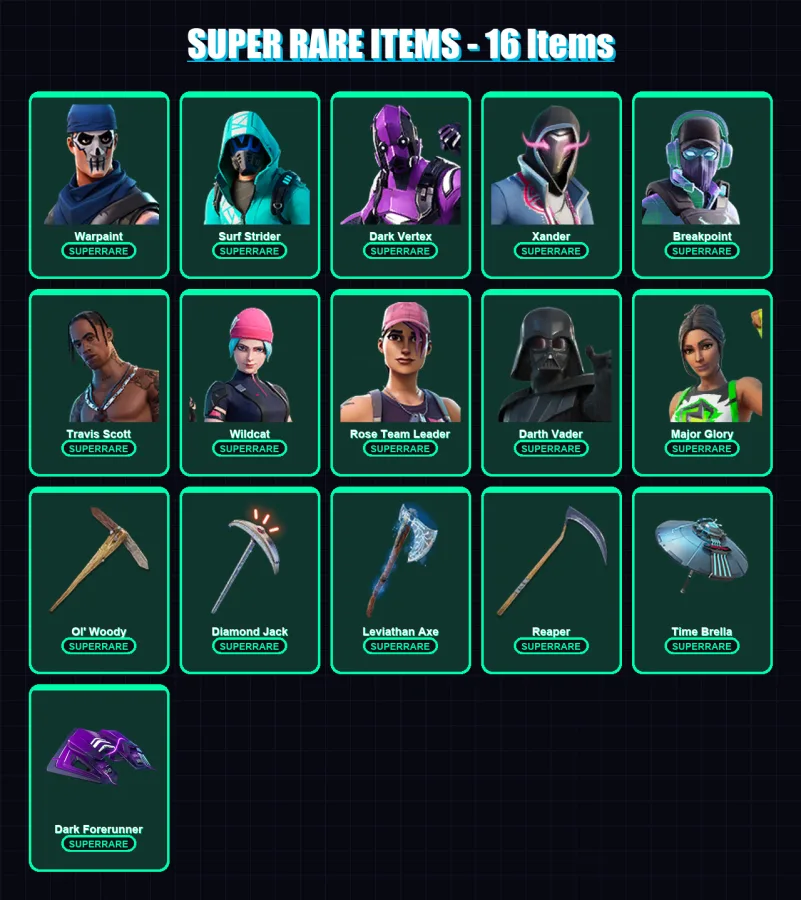 [PC] | Warpaint | Surf Strider | Dark Vertex | Xander | Breakpoint | 389 skin | 351 pickaxe | 352 emote | 197 glider | Lv2604