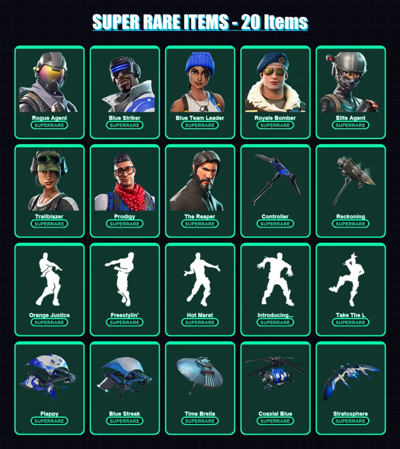 [PS4/PS5/XBOX/PC] | Rogue Agent | Blue Striker | Blue Team Leader | Royale Bomber | Elite Agent | 70 skin | 77 pickaxe | 91 emote | 86 glider | Lv12 — Fortnite account