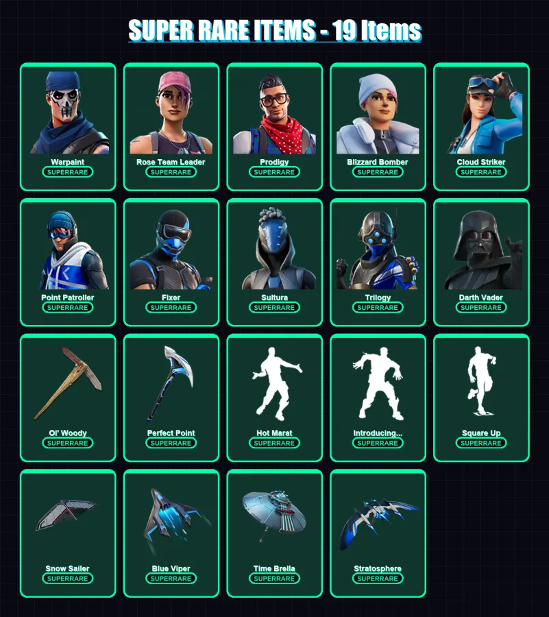 [PS4/PS5/XBOX/PC] | Warpaint | Rose Team Leader | Prodigy | Blizzard Bomber | Cloud Striker | 54 skin | 111 pickaxe | 83 emote | 101 glider | Lv1754