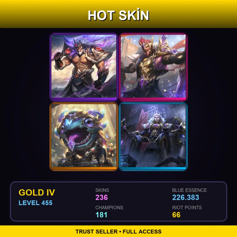 EUW | Lv455 | Gold IV | 236 Skin | 181 Champ — LoL account
