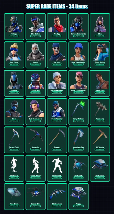 [PC/XBOX/PSN] | Trilogy | Blue Striker | Prodigy | Carbon Commando | Glow | 245 skin | 230 pickaxe | 173 emote | 199 glider | Lv2908