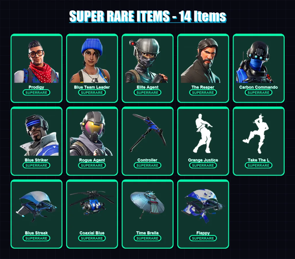 [PS4/PS5/XBOX/PC] | Prodigy | Blue Team Leader | Elite Agent | The Reaper | Carbon Commando | 46 skin | 39 pickaxe | 44 emote | 40 glider | Lv574 — Fortnite account