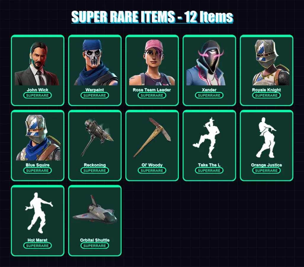 [PC] | John Wick | Warpaint | Rose Team Leader | Xander | Royale Knight | 103 skin | 118 pickaxe | 117 emote | 105 glider | Lv1203