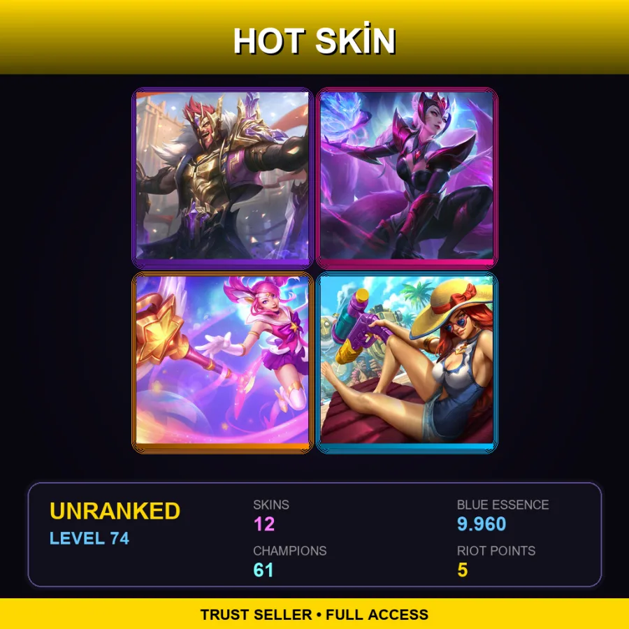 EUW | Lv74 | Unranked | 12 Skin | 61 Champ — LoL account