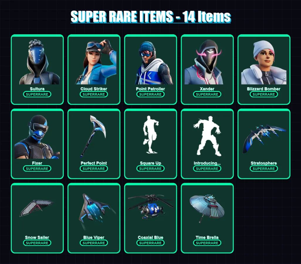 [PC/XBOX] | Sultura | Cloud Striker | Point Patroller | Xander | Blizzard Bomber | 154 skin | 183 pickaxe | 150 emote | 153 glider | Lv2637 — Fortnite account