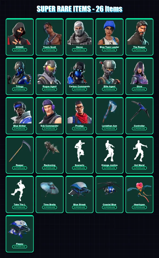 [PC/XBOX/PSN] | IKONIK | Travis Scott | Havoc | Blue Team Leader | The Reaper | 129 skin | 127 pickaxe | 107 emote | 109 glider | Lv1261