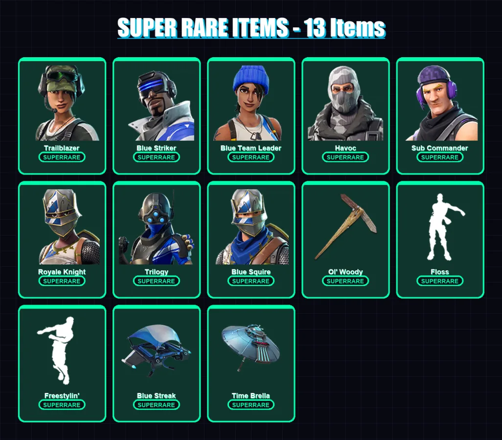 [PS4/PS5/PC] | Trailblazer | Blue Striker | Blue Team Leader | Havoc | Sub Commander | 86 skin | 106 pickaxe | 104 emote | 90 glider | Lv1518