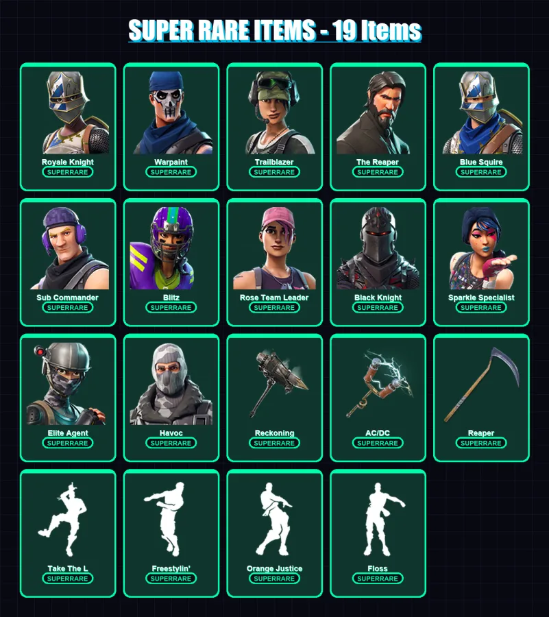 [PC/XBOX/PSN] | Royale Knight | Warpaint | Trailblazer | The Reaper | Blue Squire | 81 skin | 48 pickaxe | 60 emote | 54 glider | Lv599