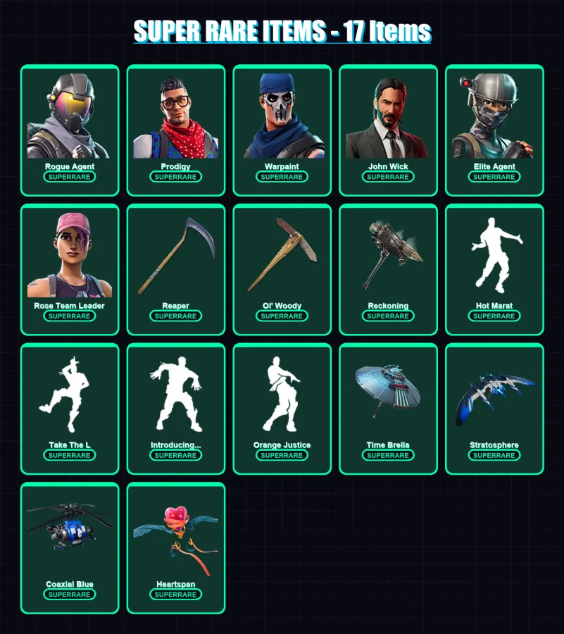 [PS4/PS5/XBOX/PC] | Rogue Agent | Prodigy | Warpaint | John Wick | Elite Agent | 149 skin | 157 pickaxe | 160 emote | 144 glider | Lv2647