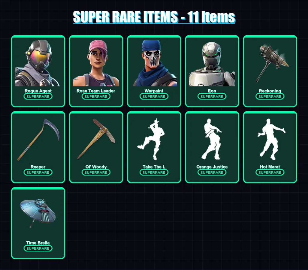 [PC/XBOX/PSN] | Rogue Agent | Rose Team Leader | Warpaint | Eon | Blackheart | 114 skin | 116 pickaxe | 106 emote | 102 glider | Lv1636