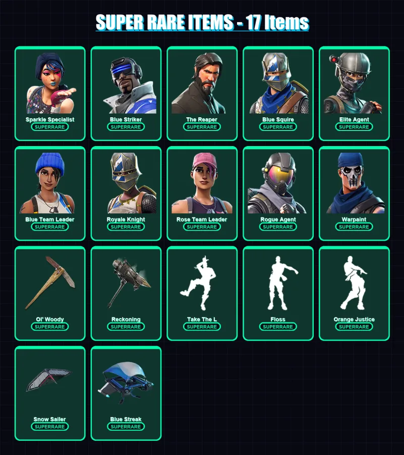 [PS4/PS5/XBOX/PC] | Sparkle Specialist | Blue Striker | The Reaper | Blue Squire | Elite Agent | 73 skin | 73 pickaxe | 69 emote | 76 glider | Lv950