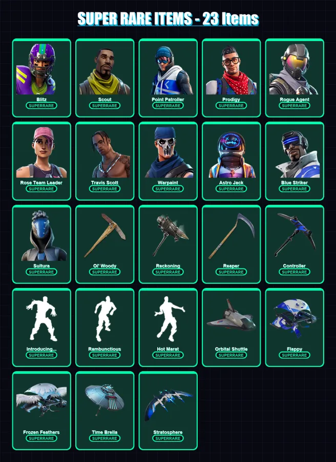 [PC] | Blitz | Scout | Point Patroller | Prodigy | Rogue Agent | 176 skin | 141 pickaxe | 151 emote | 81 glider | Lv730
