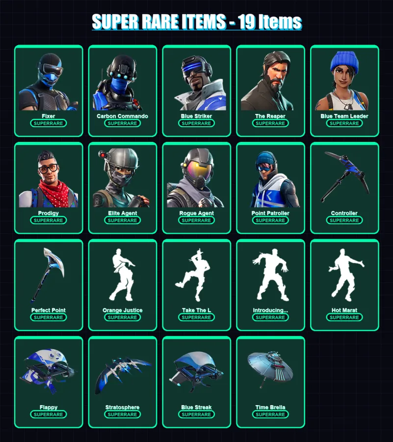 [PS4/PS5/XBOX/PC] | Fixer | Carbon Commando | Blue Striker | The Reaper | Blue Team Leader | 68 skin | 81 pickaxe | 89 emote | 88 glider | Lv1342