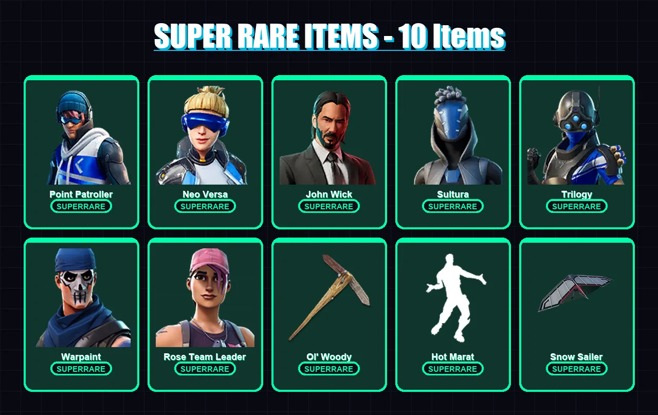[PS4/PS5/XBOX/PC] | Point Patroller | Neo Versa | John Wick | Sultura | Trilogy | 45 skin | 41 pickaxe | 78 emote | 49 glider | Lv637