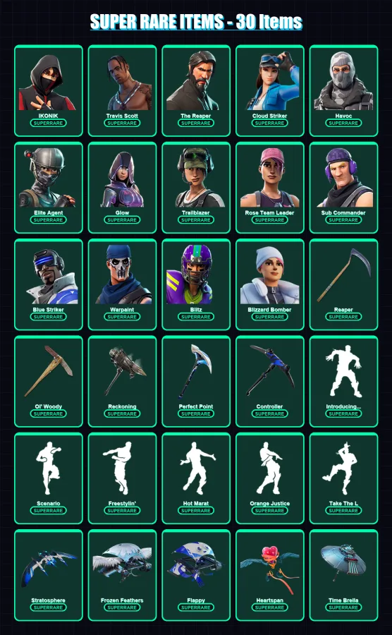 [PS4/PS5/XBOX/PC] | IKONIK | Travis Scott | The Reaper | Cloud Striker | Havoc | 252 skin | 213 pickaxe | 204 emote | 210 glider | Lv2596