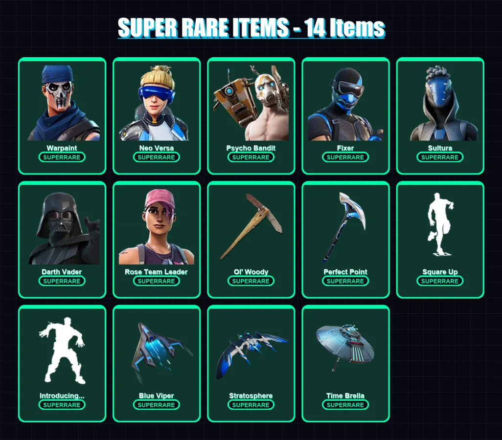 [PC] | Warpaint | Neo Versa | Psycho Bandit | Fixer | Sultura | 358 skin | 357 pickaxe | 239 emote | 256 glider | Lv3392