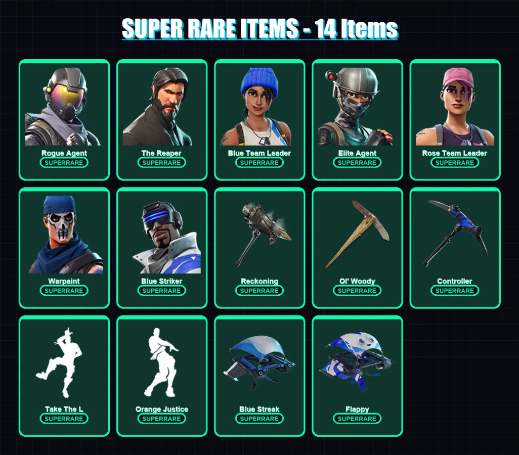 [PS4/PS5/XBOX/PC] | Rogue Agent | The Reaper | Blue Team Leader | Elite Agent | Rose Team Leader | 52 skin | 66 pickaxe | 52 emote | 53 glider | Lv7