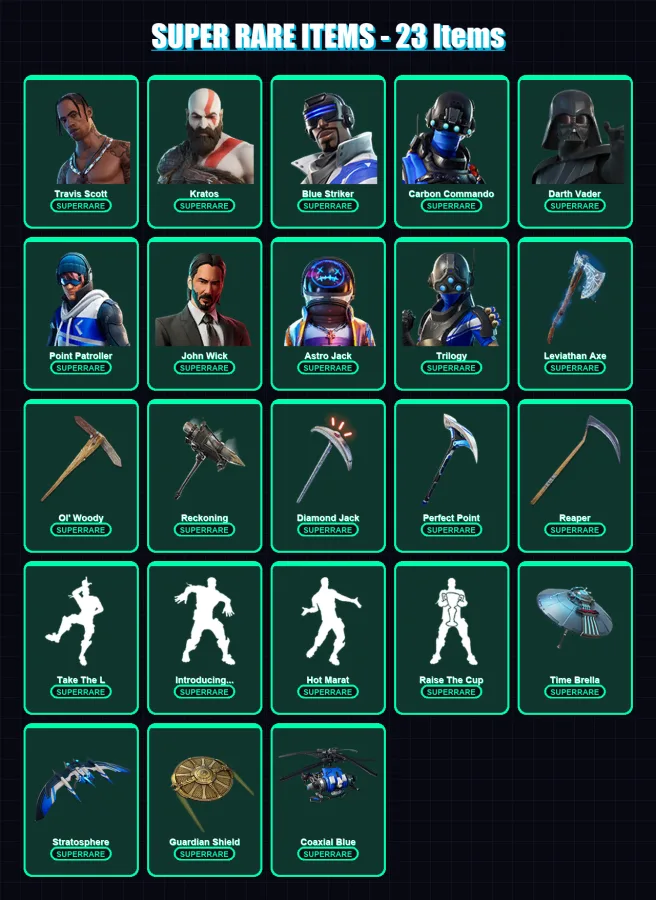 [PC] | Travis Scott | Kratos | Blue Striker | Carbon Commando | Darth Vader | 334 skin | 329 pickaxe | 303 emote | 253 glider | Lv3002