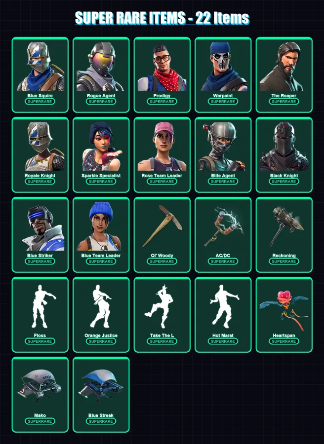 [PS4/PS5/XBOX/PC] | Blue Squire | Rogue Agent | Prodigy | Warpaint | The Reaper | 75 skin | 85 pickaxe | 83 emote | 85 glider | Lv961