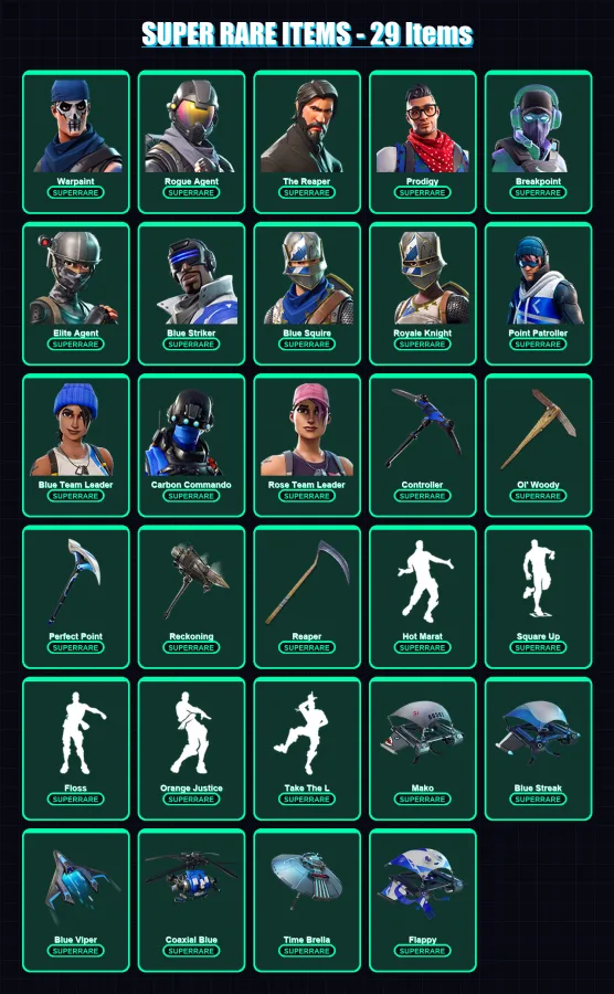[PC/PSN] | Warpaint | Rogue Agent | The Reaper | Prodigy | Breakpoint | 178 skin | 192 pickaxe | 193 emote | 170 glider | Lv2064