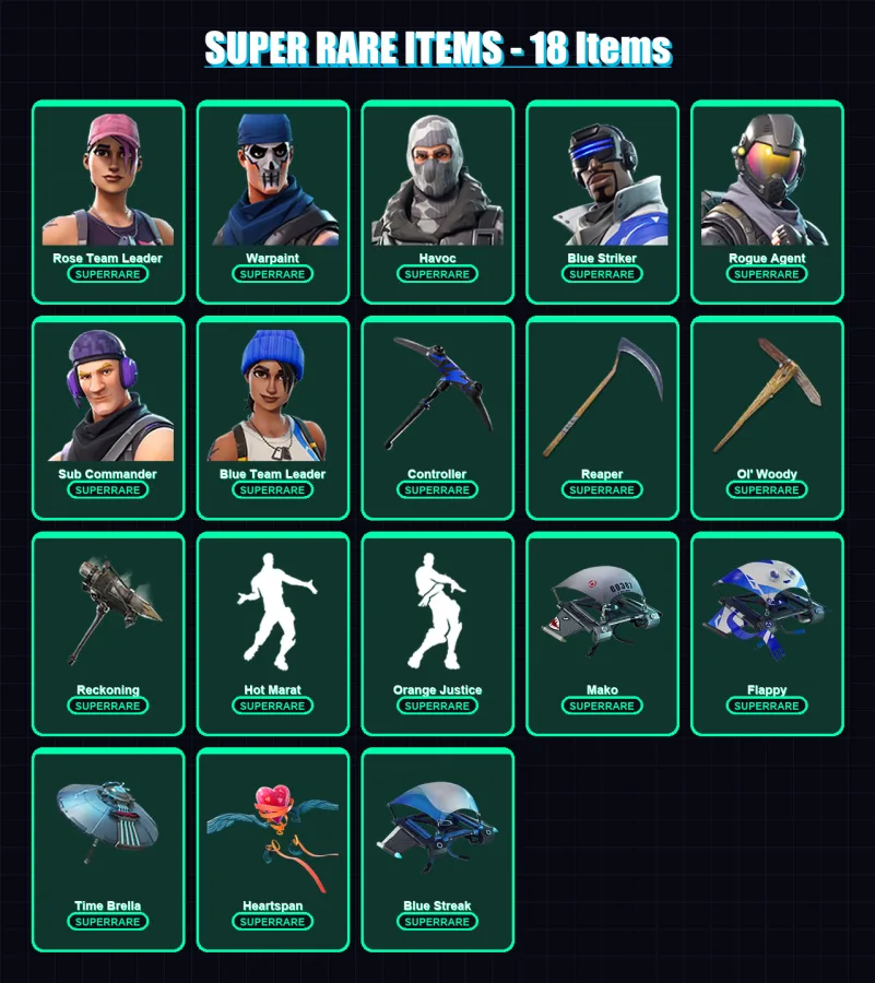 [PC/XBOX] | Rose Team Leader | Warpaint | Havoc | Blue Striker | Rogue Agent | 119 skin | 108 pickaxe | 101 emote | 106 glider | Lv1293