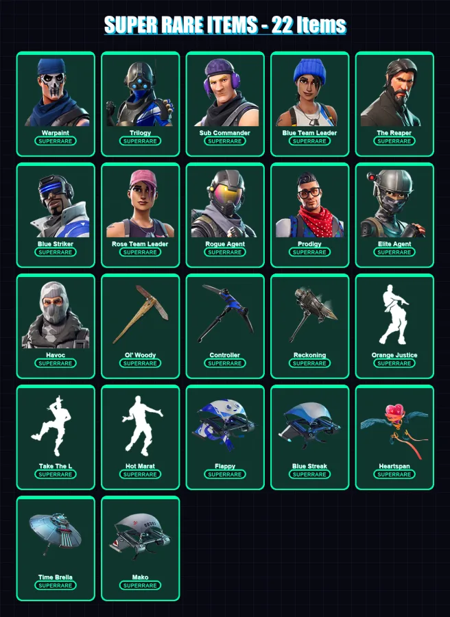 [PC/XBOX] | Warpaint | Trilogy | Sub Commander | Blue Team Leader | The Reaper | 99 skin | 73 pickaxe | 76 emote | 71 glider | Lv1164