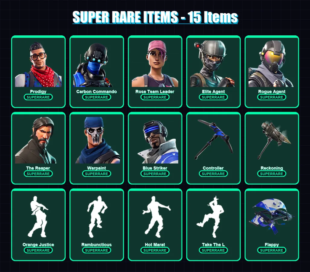 [PS4/PS5/XBOX/PC] | Prodigy | Carbon Commando | Rose Team Leader | Elite Agent | Rogue Agent | 75 skin | 58 pickaxe | 65 emote | 53 glider | Lv495