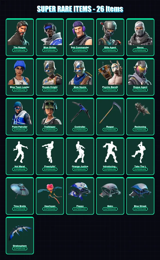 [PS4/PS5/XBOX/PC] | The Reaper | Blue Striker | Sub Commander | Elite Agent | Havoc | 151 skin | 164 pickaxe | 125 emote | 131 glider | Lv1888