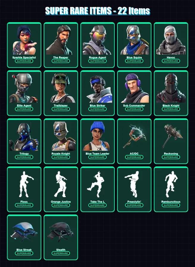 [PC/XBOX] | Sparkle Specialist | The Reaper | Rogue Agent | Blue Squire | Havoc | 86 skin | 42 pickaxe | 59 emote | 43 glider | Lv469
