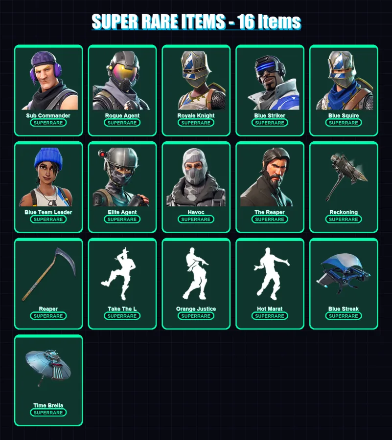 [PS4/PS5/XBOX/PC] | Sub Commander | Rogue Agent | Royale Knight | Blue Striker | Blue Squire | 49 skin | 30 pickaxe | 56 emote | 43 glider | Lv780
