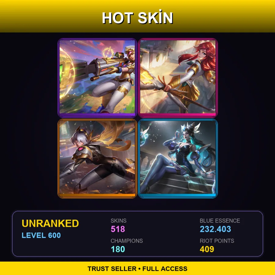 JP | Prestige Arcade Caitlyn | Prestige Battle Academia Lux (2022) | Prestige PROJECT: Irelia (2022) | 518 Skin | 180 Champ | Lv600