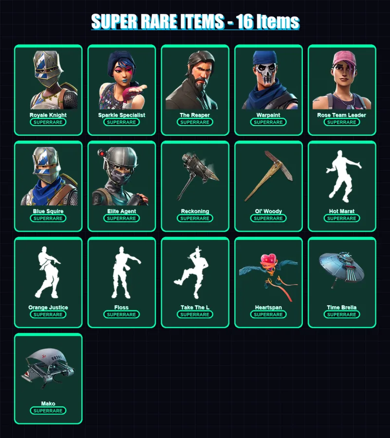 [PC/XBOX/PSN] | Royale Knight | Sparkle Specialist | The Reaper | Warpaint | Rose Team Leader | 52 skin | 91 pickaxe | 79 emote | 92 glider | Lv1430