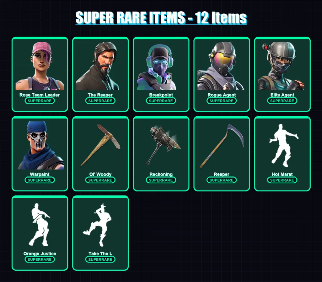 [PC/XBOX/PSN] | Rose Team Leader | The Reaper | Breakpoint | Rogue Agent | Elite Agent | 93 skin | 37 pickaxe | 66 emote | 44 glider | Lv438