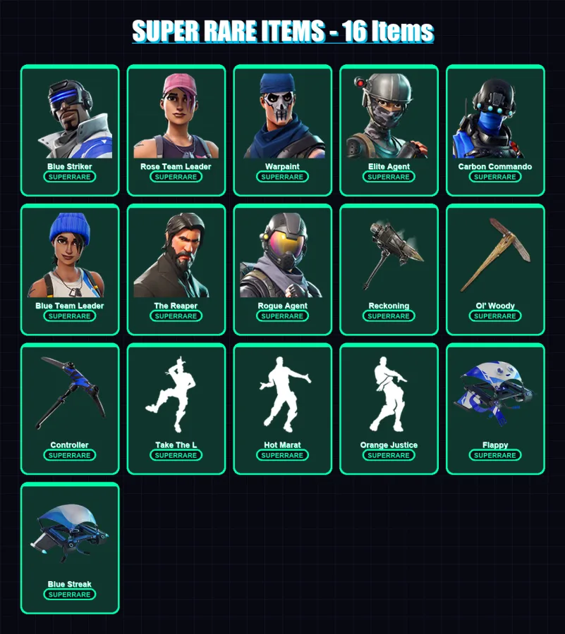 [PC/XBOX] | Blue Striker | Rose Team Leader | Warpaint | Elite Agent | Carbon Commando | 61 skin | 44 pickaxe | 61 emote | 44 glider | Lv562