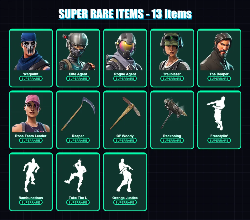 [PC/XBOX/PSN] | Warpaint | Elite Agent | Rogue Agent | Trailblazer | The Reaper | 87 skin | 40 pickaxe | 55 emote | 38 glider | Lv271