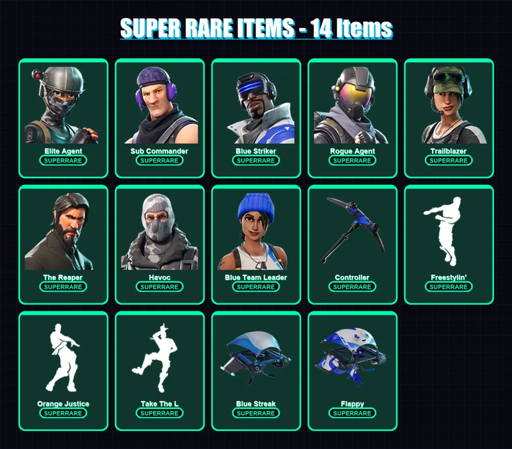 [PS4/PS5/XBOX/PC] | Elite Agent | Sub Commander | Blue Striker | Rogue Agent | Trailblazer | 32 skin | 18 pickaxe | 36 emote | 30 glider | Lv476