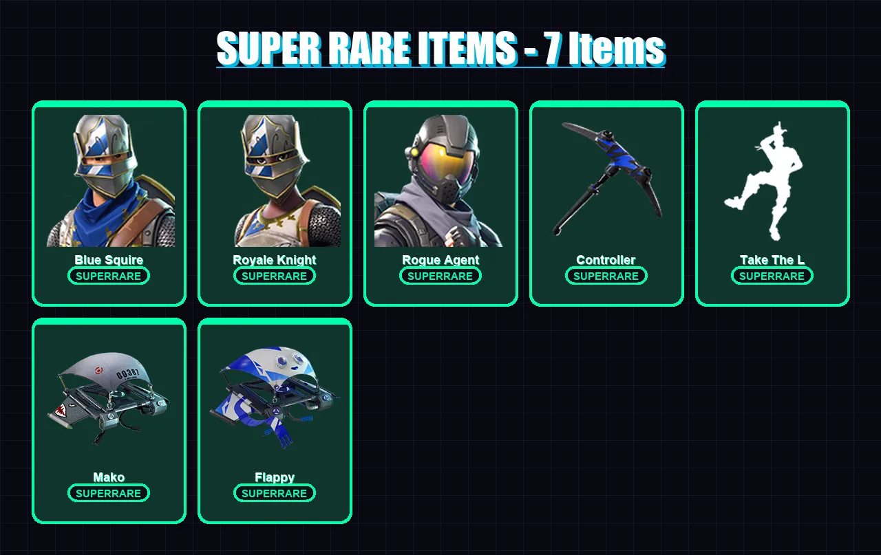 [PS4/PS5/XBOX/PC] | Blue Squire | Royale Knight | Rogue Agent | Dark Voyager | Mission Specialist | 7 skin | 5 pickaxe | 13 emote | 12 glider | Lv16