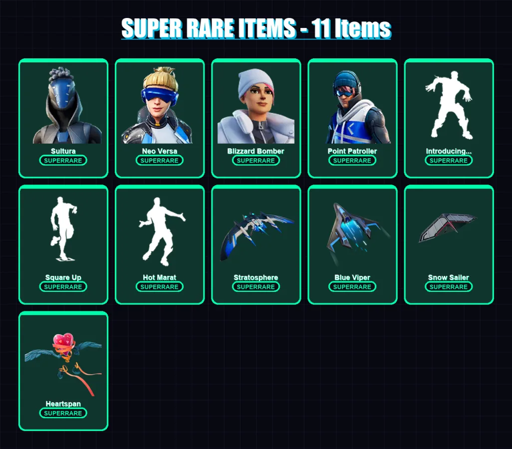 [PC/XBOX/PSN] | Sultura | Neo Versa | Blizzard Bomber | Point Patroller | Blackheart | 57 skin | 96 pickaxe | 90 emote | 97 glider | Lv1637