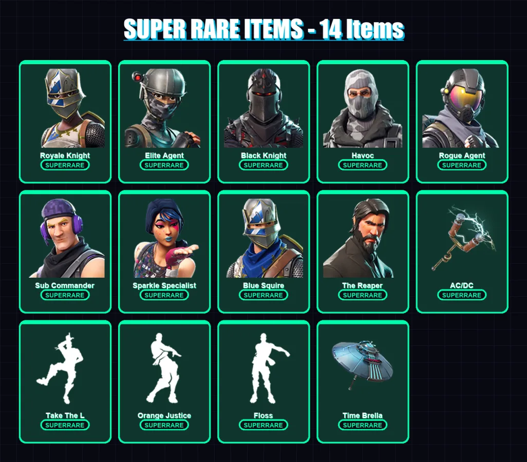 [PC] | Royale Knight | Elite Agent | Black Knight | Havoc | Rogue Agent | 28 skin | 39 pickaxe | 32 emote | 38 glider | Lv716
