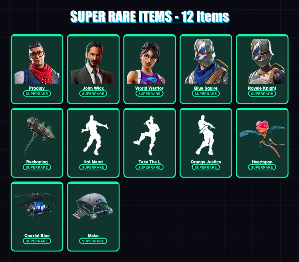 [PC/XBOX/PSN] | Prodigy | John Wick | World Warrior | Blue Squire | Royale Knight | 90 skin | 107 pickaxe | 104 emote | 103 glider | Lv1395
