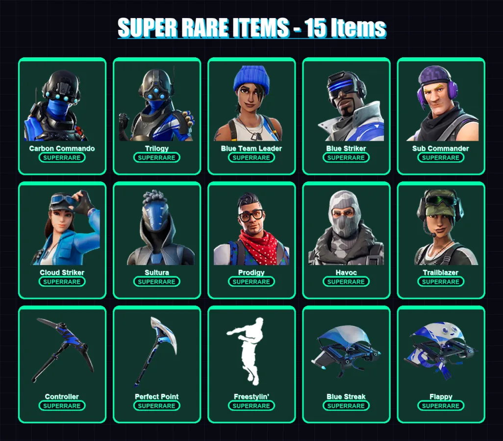 [PS4/PS5/XBOX/PC] | Carbon Commando | Trilogy | Blue Team Leader | Blue Striker | Sub Commander | 26 skin | 35 pickaxe | 19 emote | 33 glider | Lv48 — Fortnite account