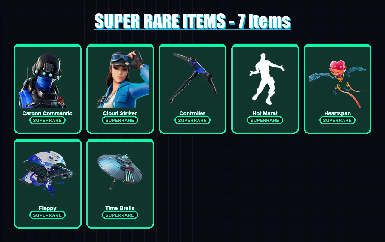 [PS4/PS5/XBOX/PC] | Carbon Commando | Cloud Striker | The Prisoner | Blackheart | Zenith | 57 skin | 62 pickaxe | 85 emote | 72 glider | Lv1309
