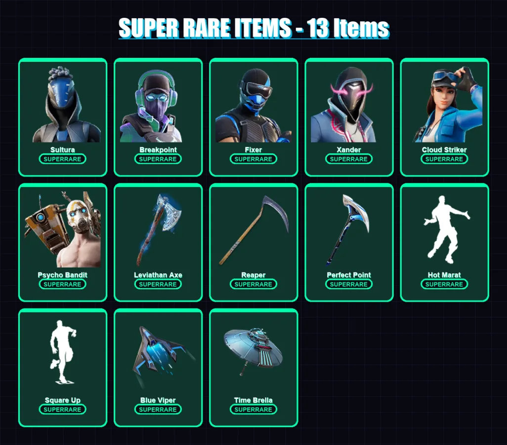 [PC] | Sultura | Breakpoint | Fixer | Xander | Cloud Striker | 164 skin | 181 pickaxe | 142 emote | 140 glider | Lv1985